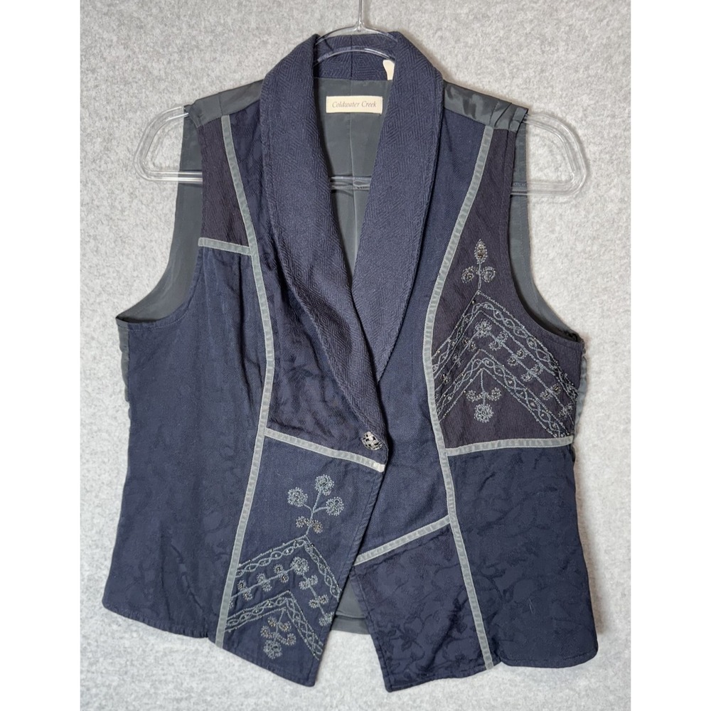 Coldwater Creek Vest Womens Medium Blue Embroidered Boho Open Front Cotton Lined